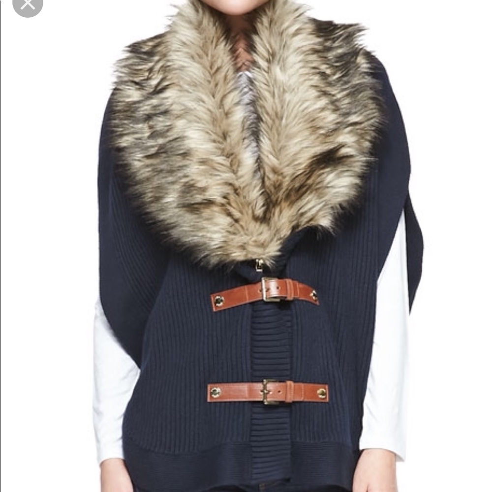 NWOT MICHAEL KORS SZ XL NAVY KNIT FAUX FUR PONCHO